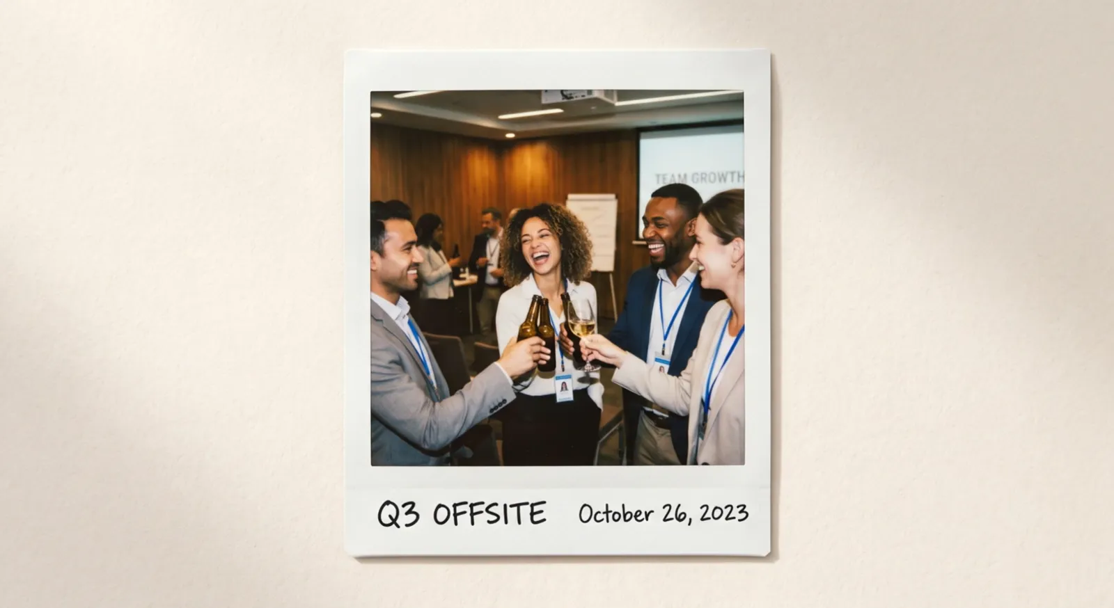A developed instant photo from a corporate offsite, captioned Q3 Offsite